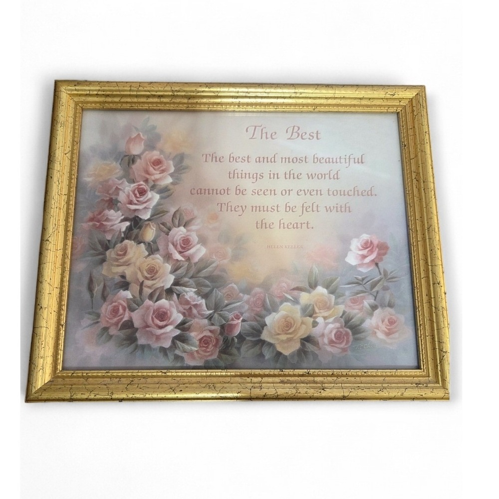 The Best Quote By Helen Keller Floral Gold Crackle Framed Wall Art Vintage 90s